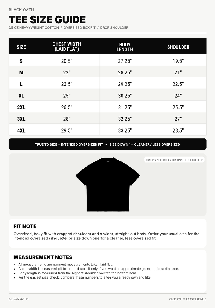 Black Oath 7.5oz box tee size guide