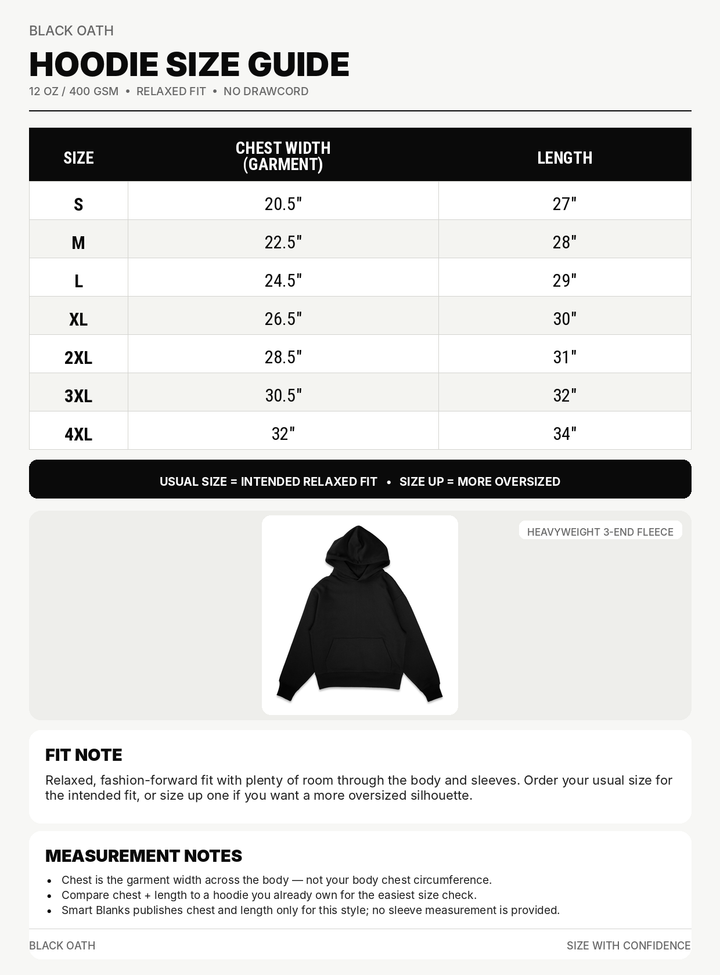 Black Oath 12oz hoodie size guide