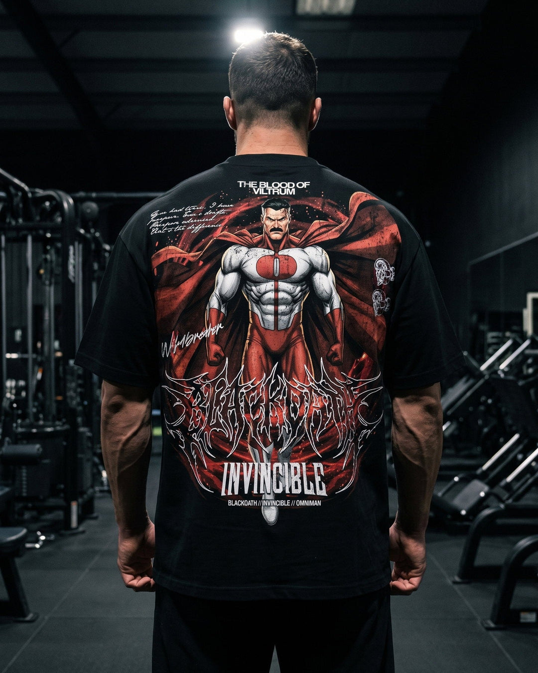 Blood of Viltrum Tee — Omni-Man full-back print, worn