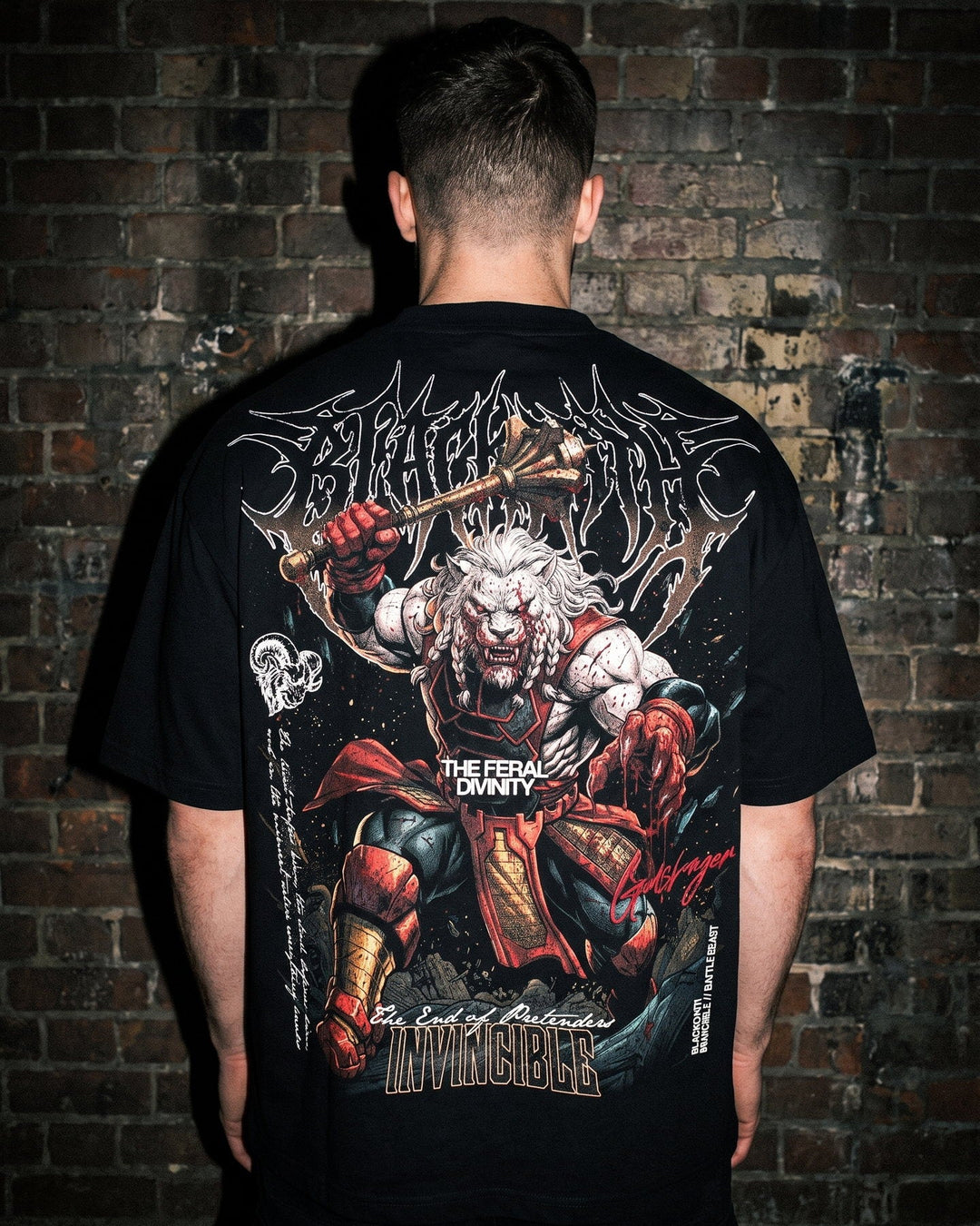 Worthy Death Tee — Battle Beast full-back print, worn